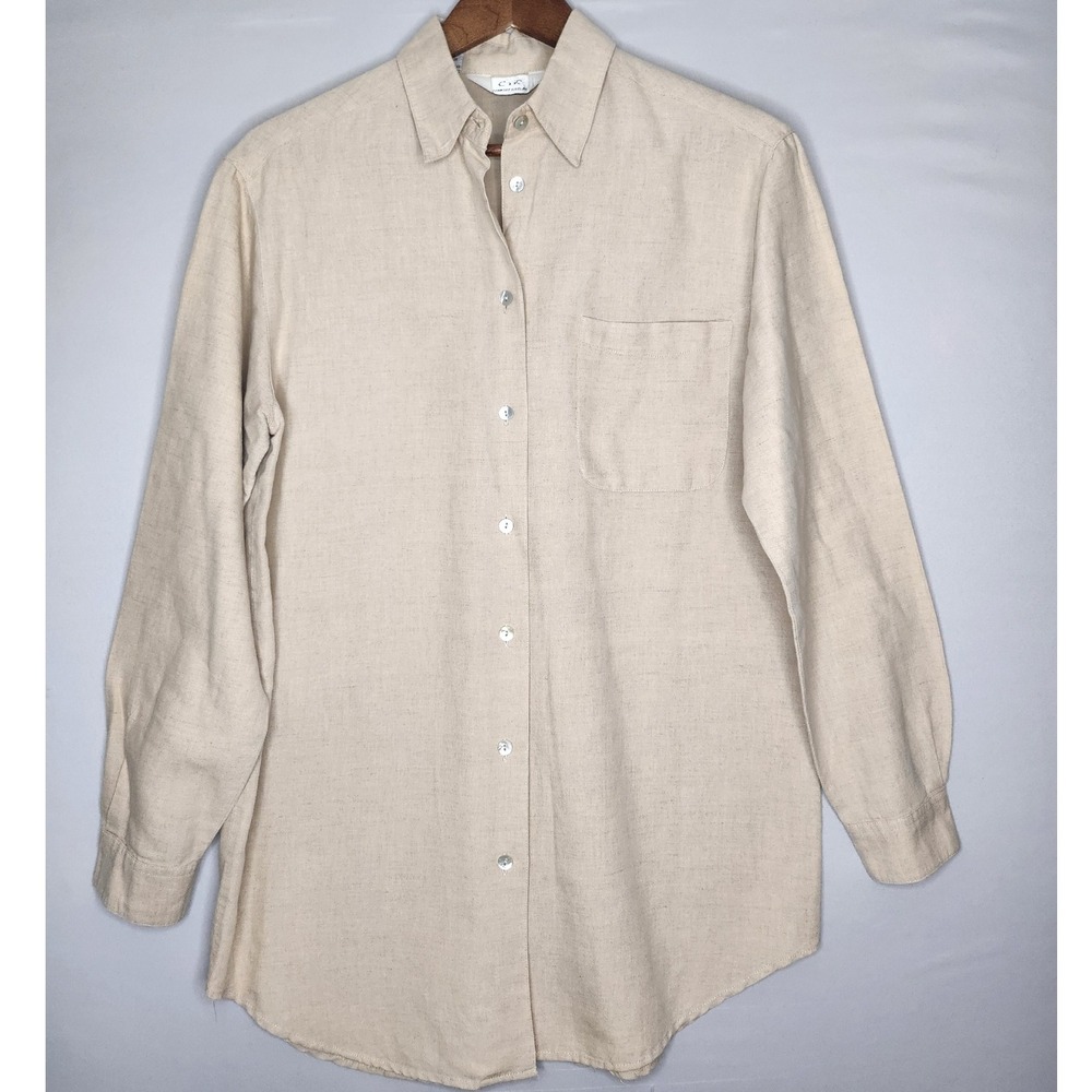 C + R Comfort & Relax Womans Beige Linen Blouse Long Sleeve Size Small